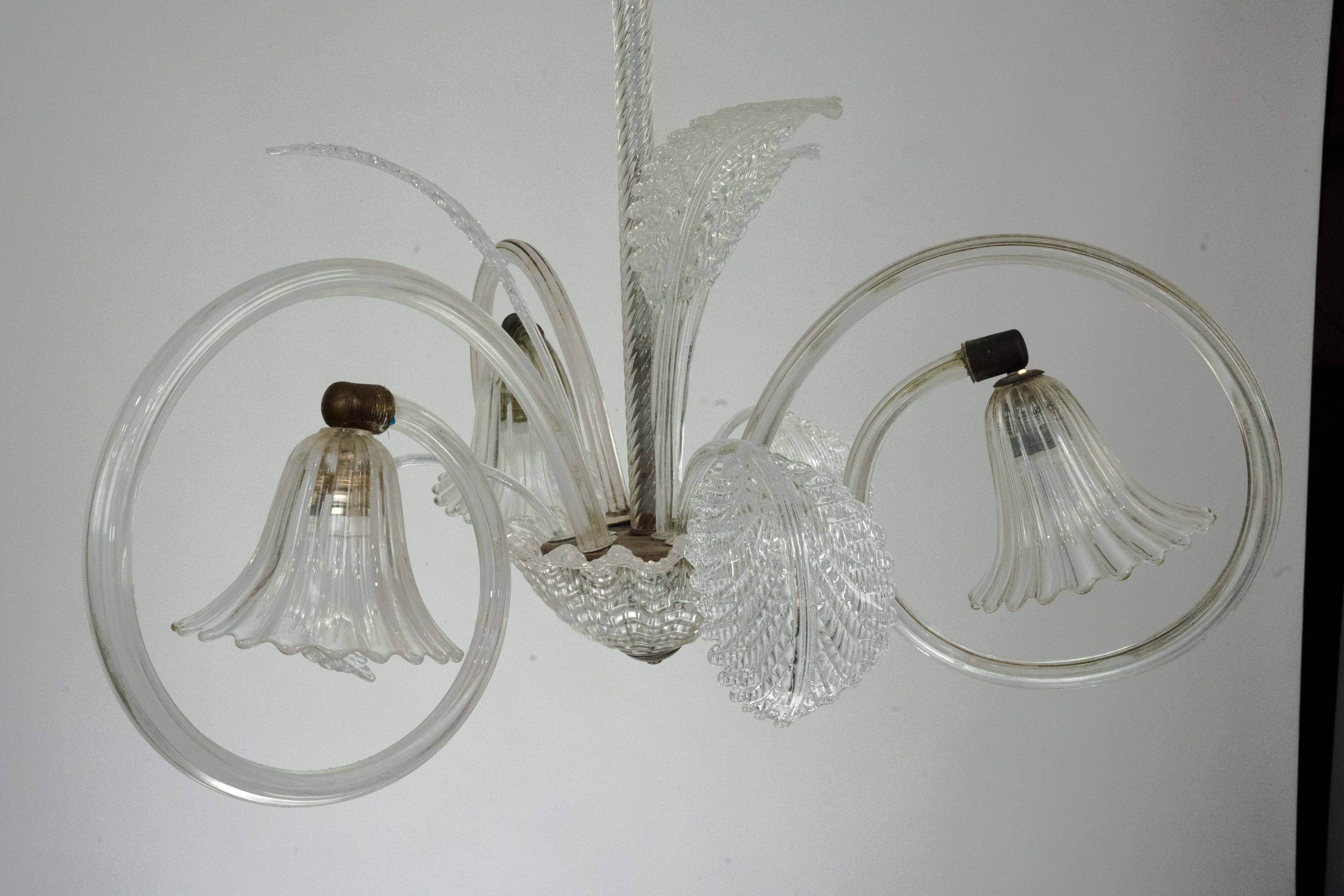 Art Deco Murano Glass Three-Arm Chandelier, Italy, 1940s