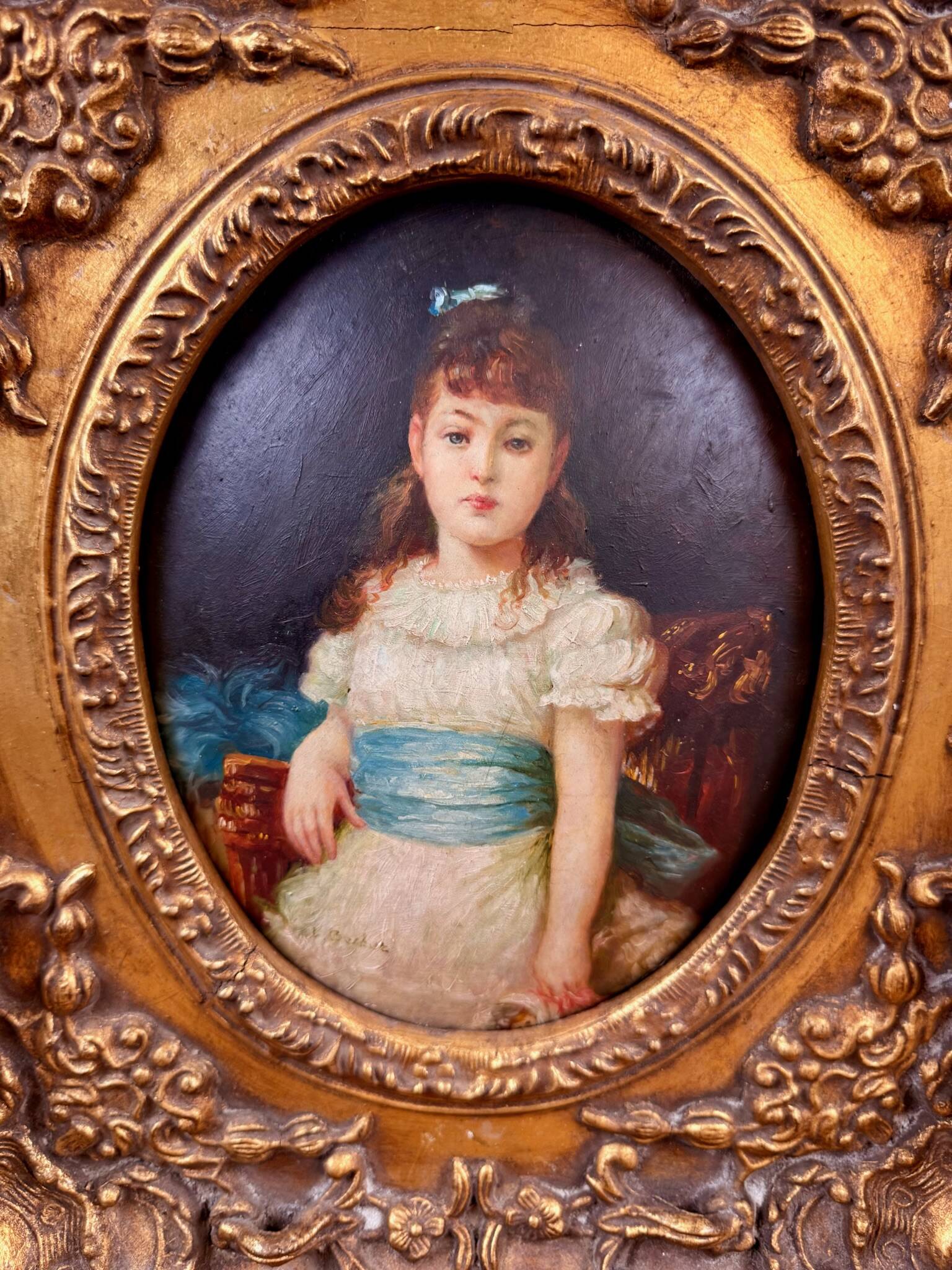 Old painting on wood signed Becker (?) – Portrait of a child