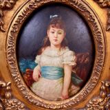 Old painting on wood signed Becker (?) – Portrait of a child