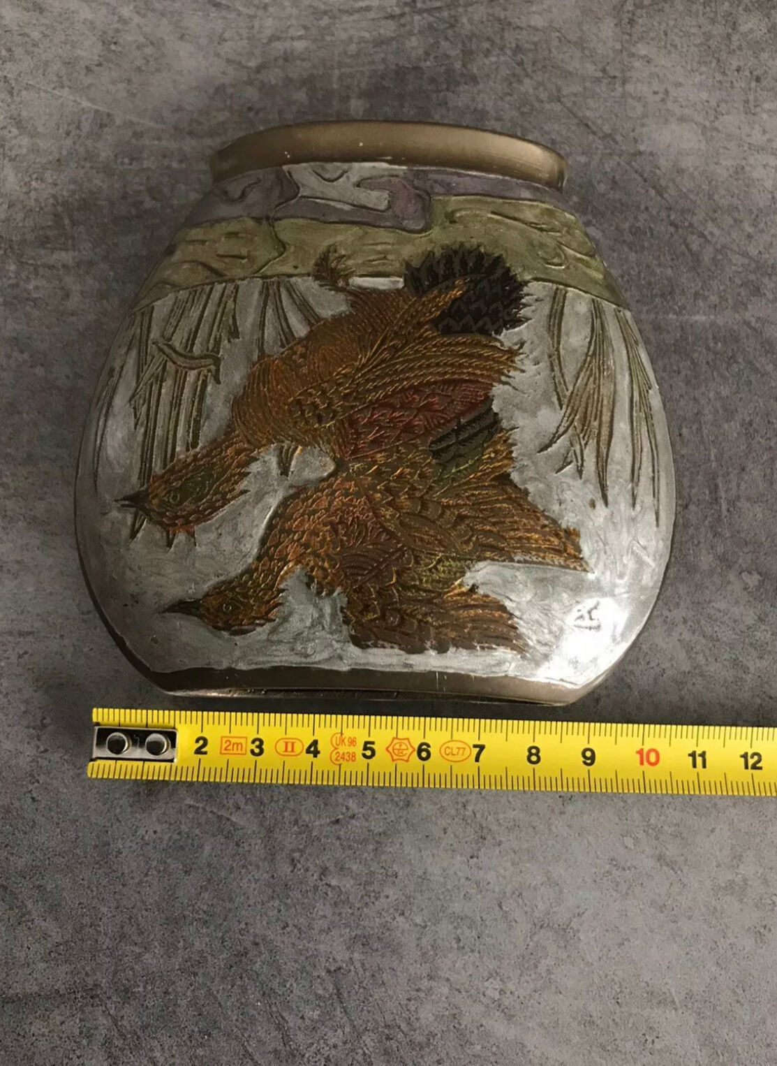 Vintage vase in enamelled brass decoration of duck flight 10.5 cm