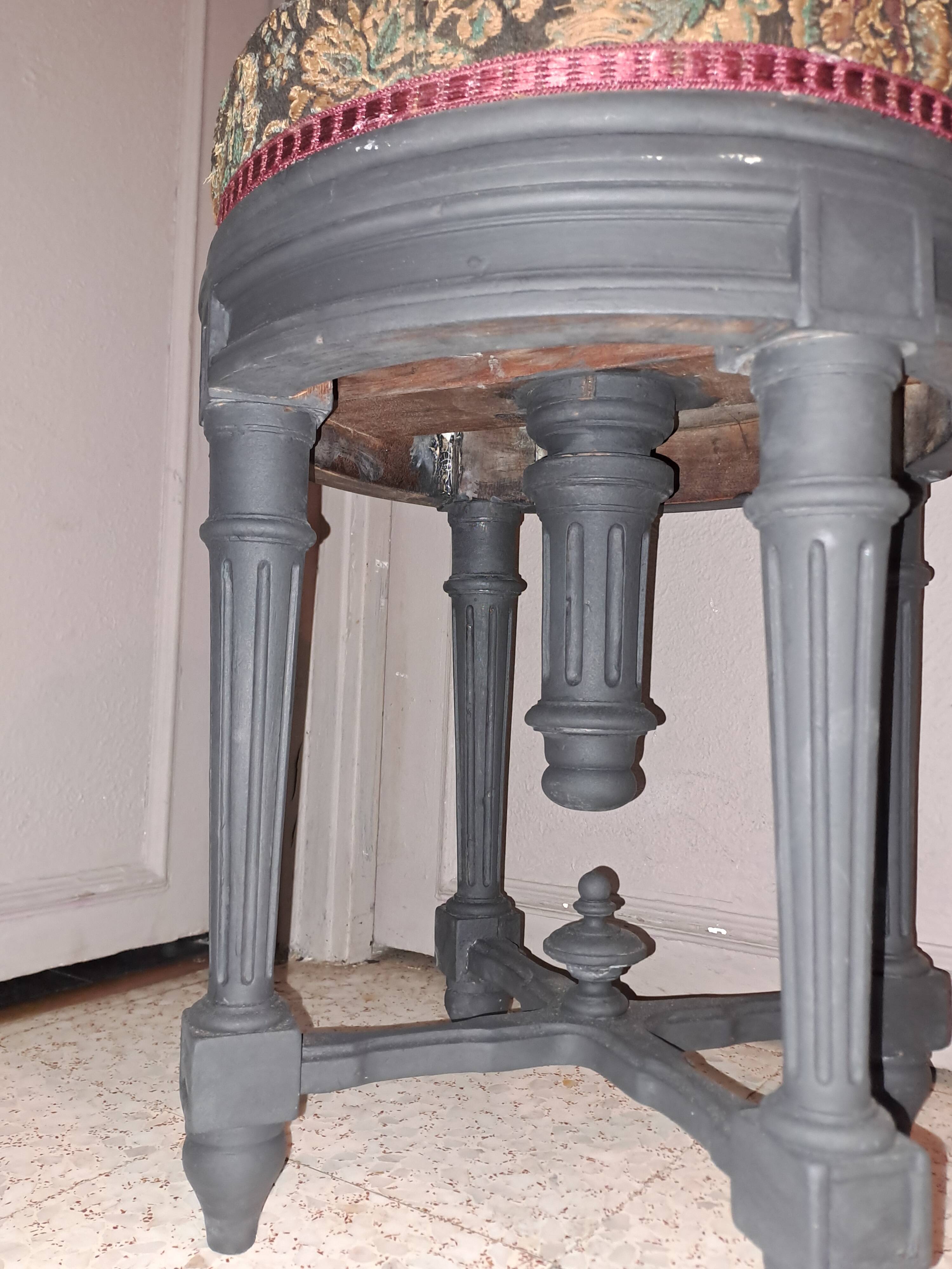 Black wood piano stool XIX Napoleon III style restoration fabric upholstery living room decoration