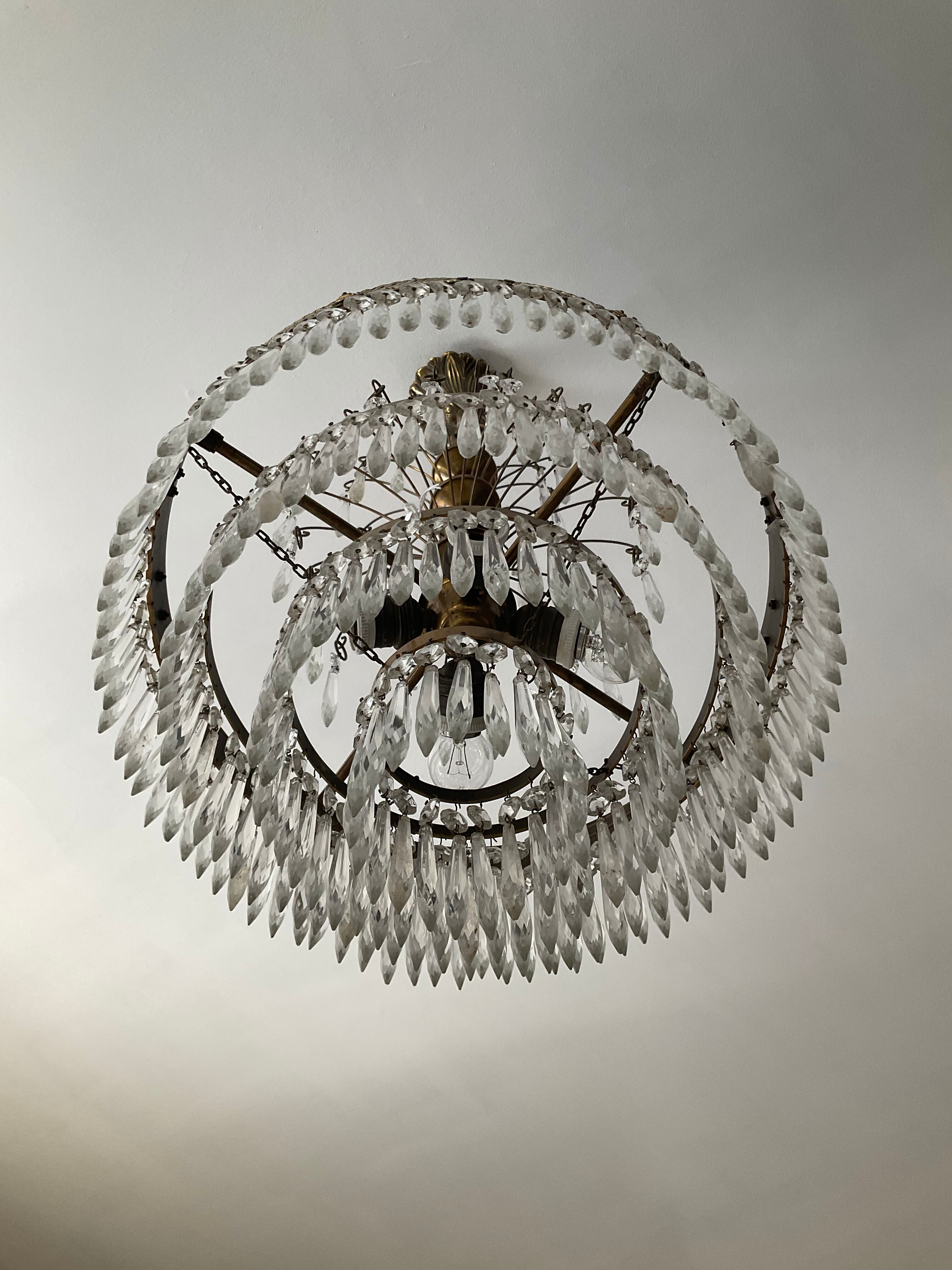 Old Crystal Grapevine Waterfall Chandelier and Solid Bronze Frame