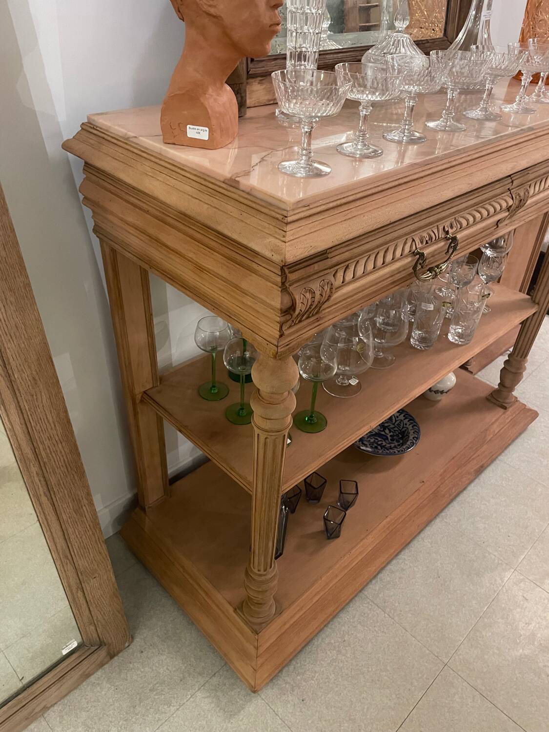 Sandblasted console with pale pink marble, Henri II style