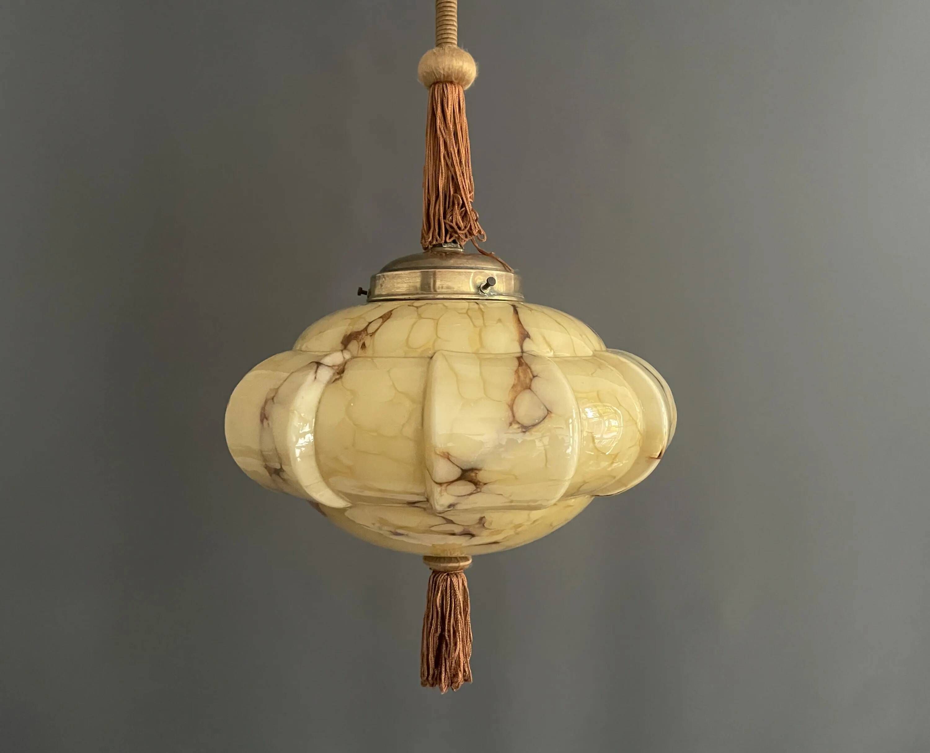 Art Deco Hanging Light with Wrapped Stem, Marble Effect, Metal and Brass - 1930s