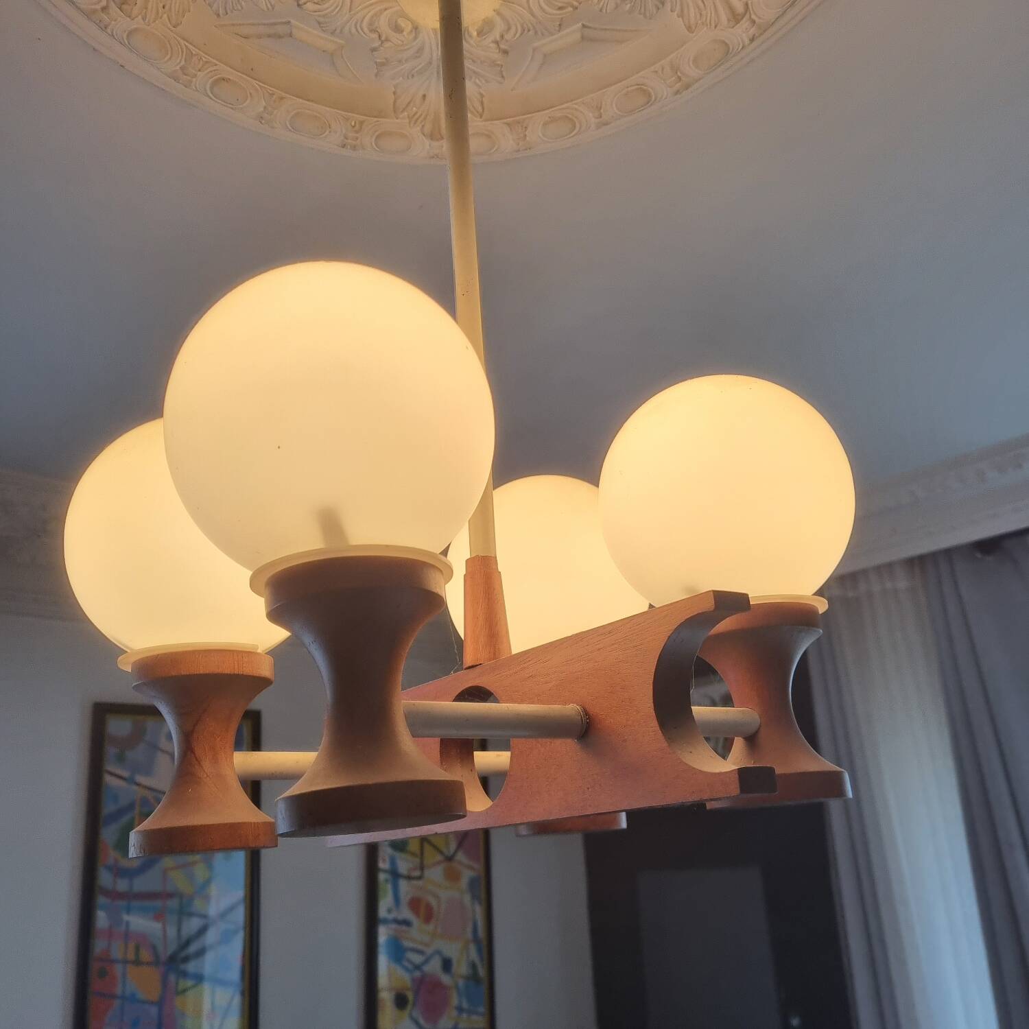 1960s Scandinavian chandelier, teak and white opaline.