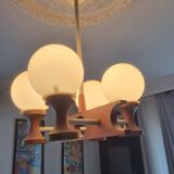 1960s Scandinavian chandelier, teak and white opaline.