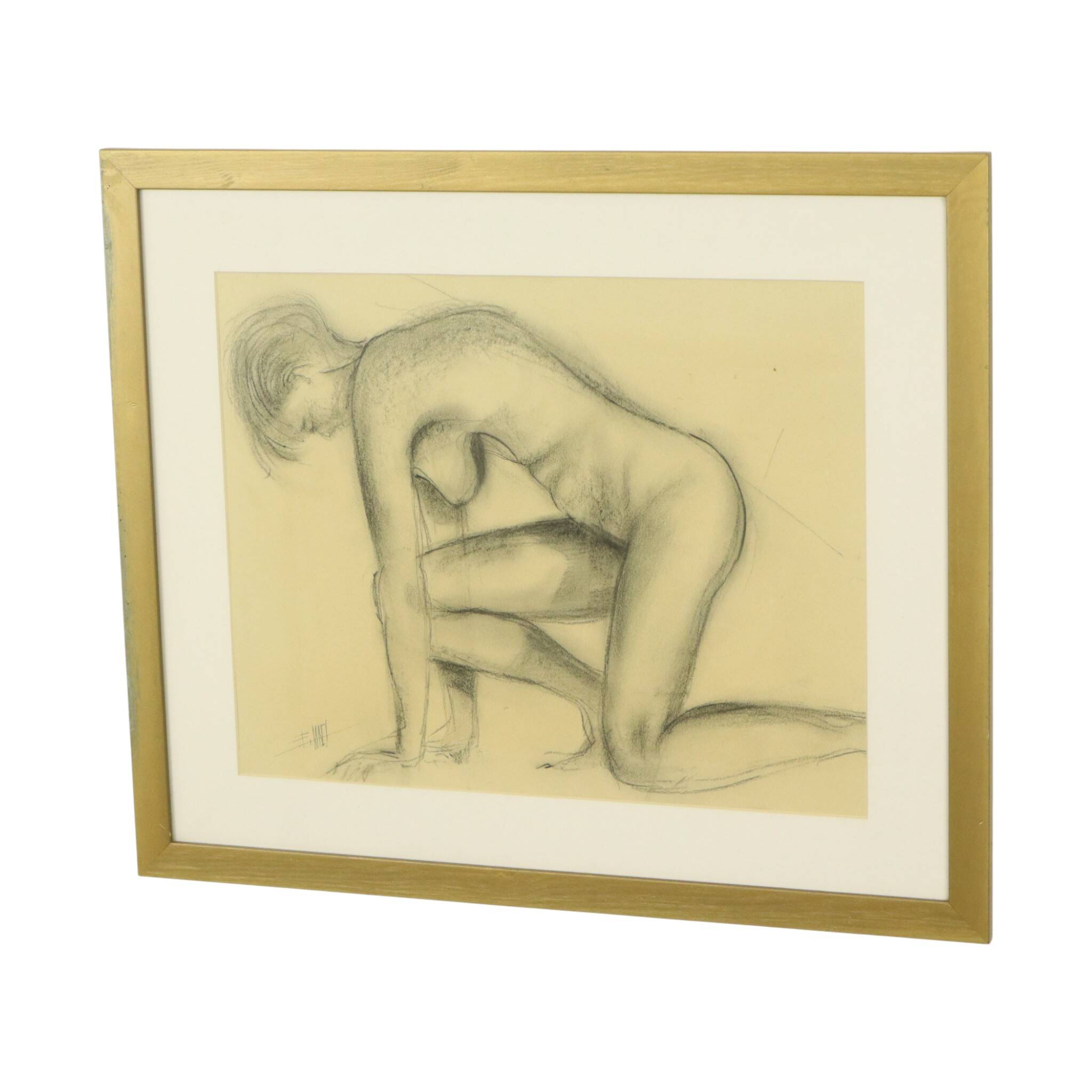 Charcoal Drawing Woman Nude Study Art Framed