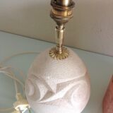 Ovoid lamp in carved stone and printed lampshade / vintage 60-70s