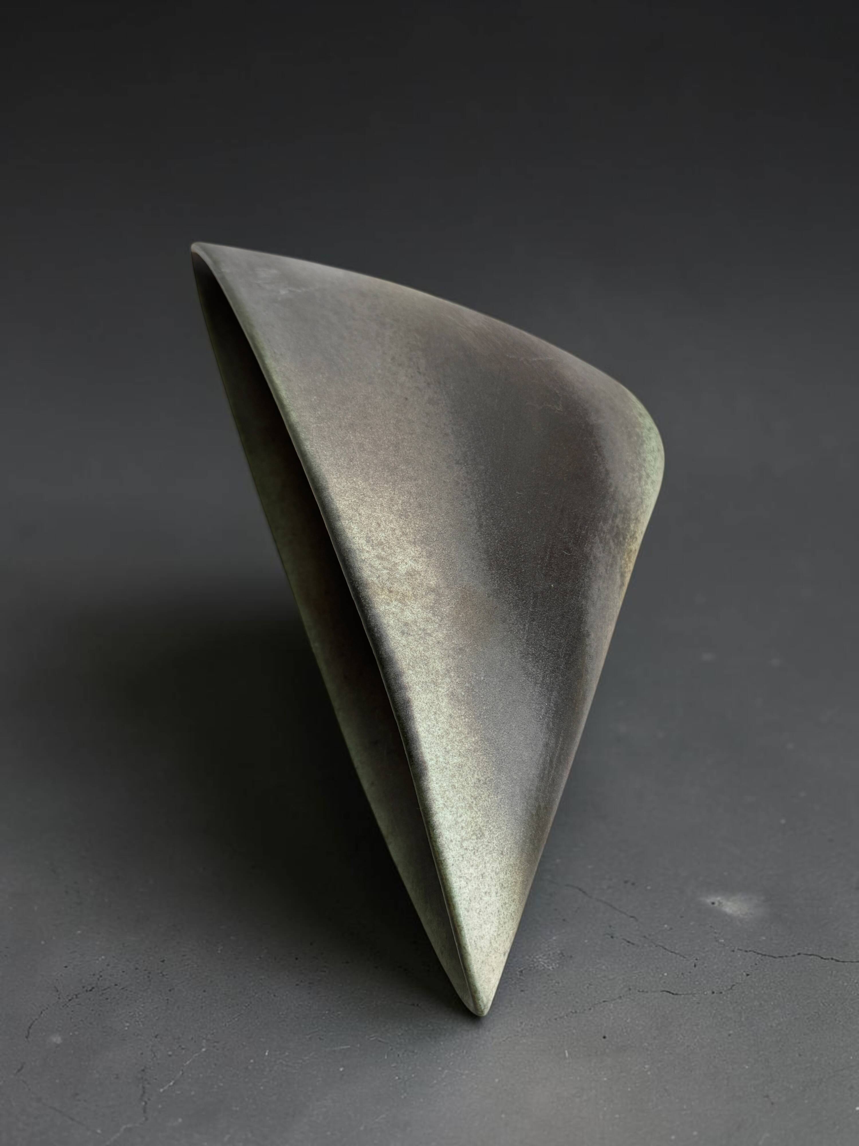 Antonio Lampecco shuttle vase, glazed grey-green ceramic, signed.