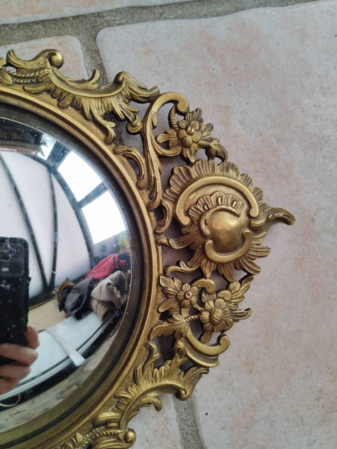 Pair of antique witch mirrors, curved glass, bronze frame