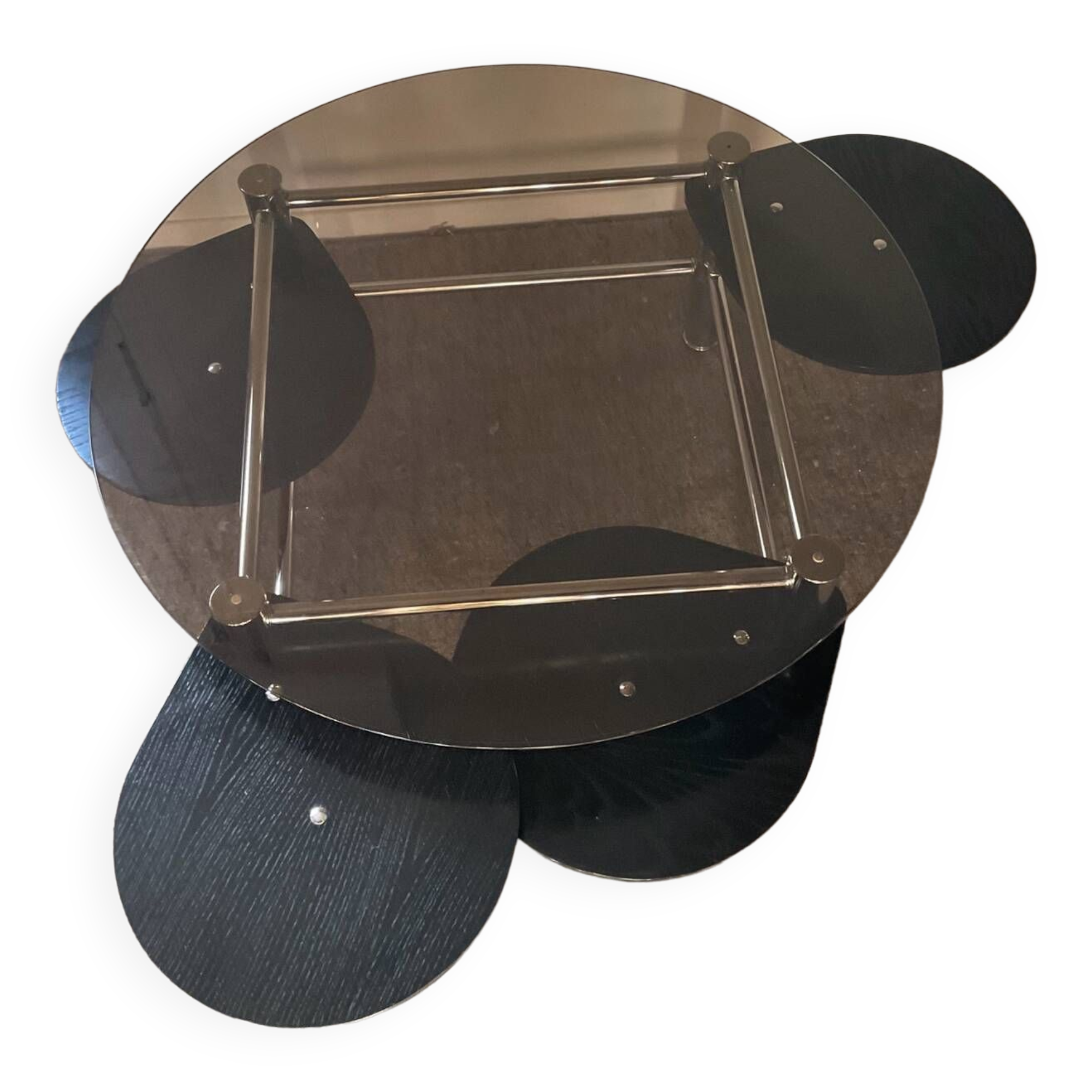 Vintage 1980s coffee table in smoked glass and chrome metal