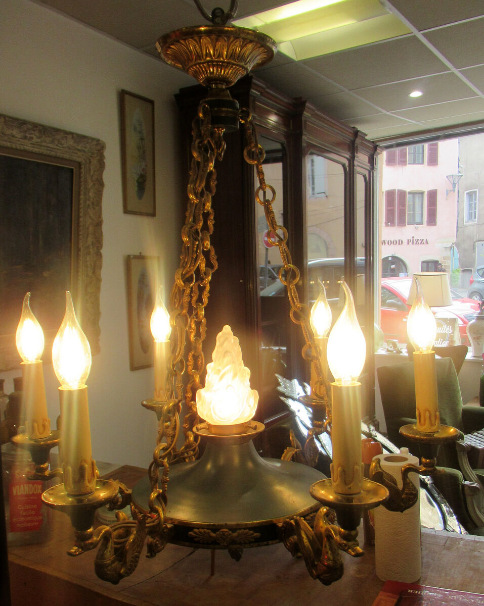 Empire style chandelier gilded bronze and green painted sheet metal