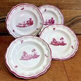 4 old Gien soup plates, pink landscape pattern, 1938/1960