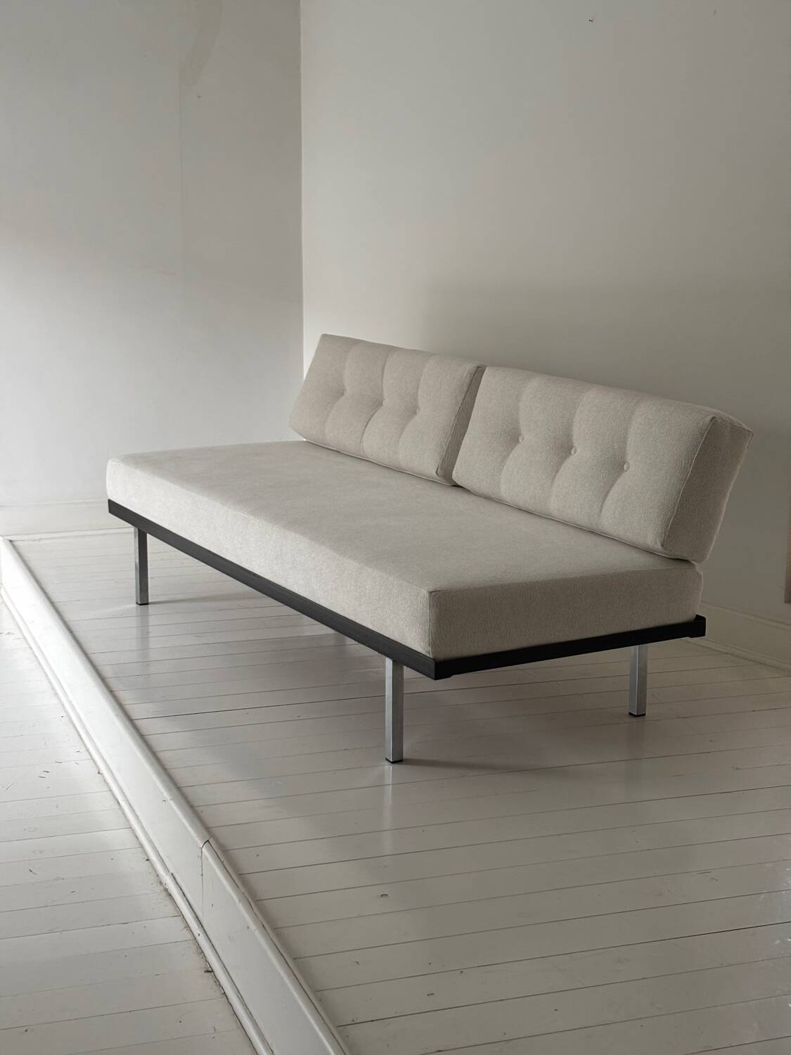 Modernist canapé design – Completely reupholstered in Pierre Frey fabric.