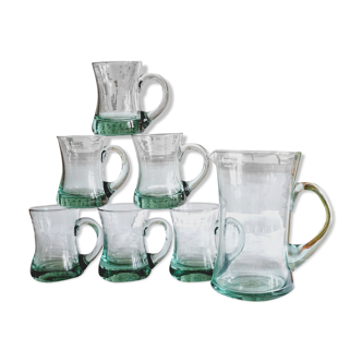 Set of 6 handle glasses and 1 puffed glass jug