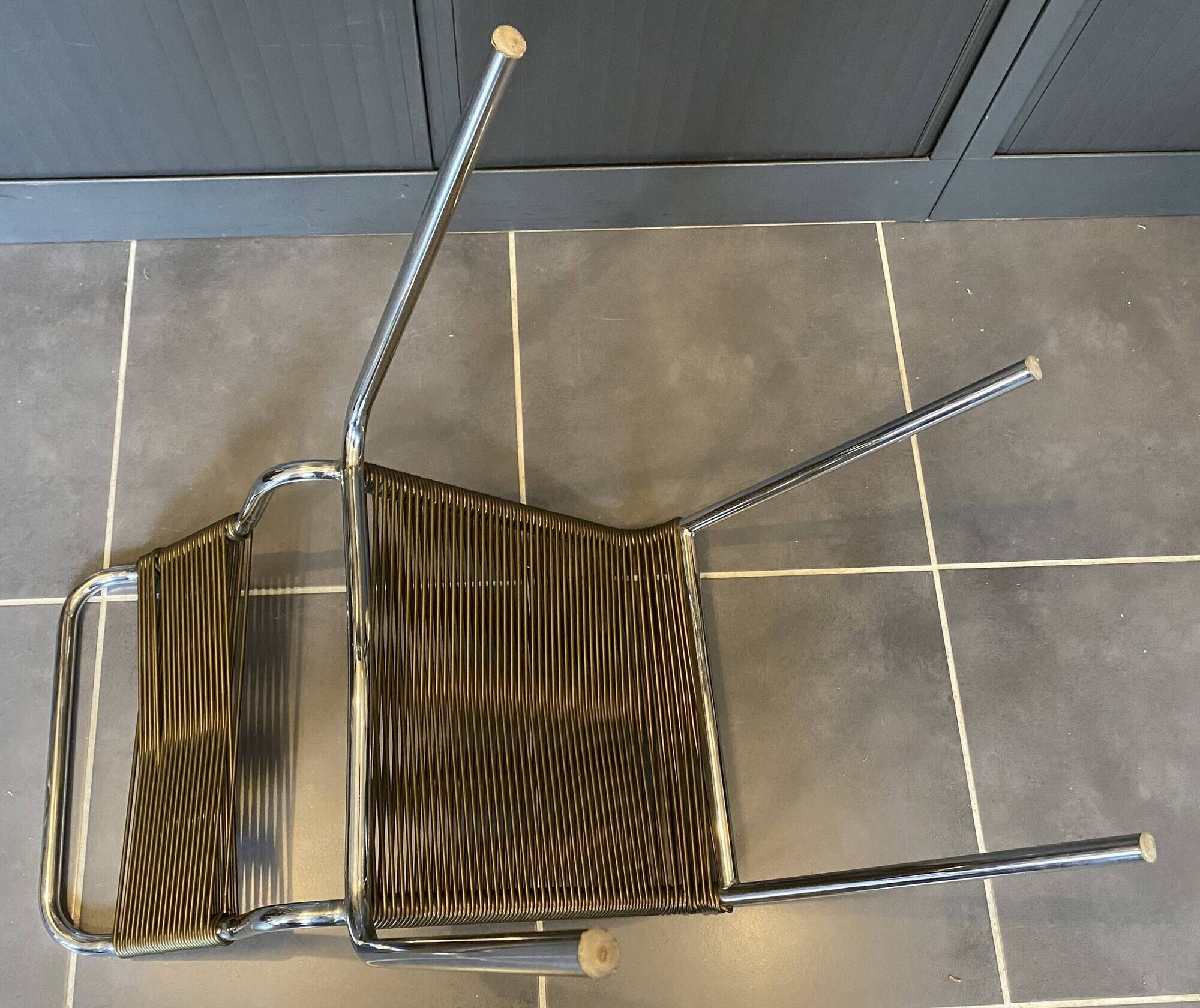 Scoubidou chair or vintage 1960s khaki green chrome spaghetti chair