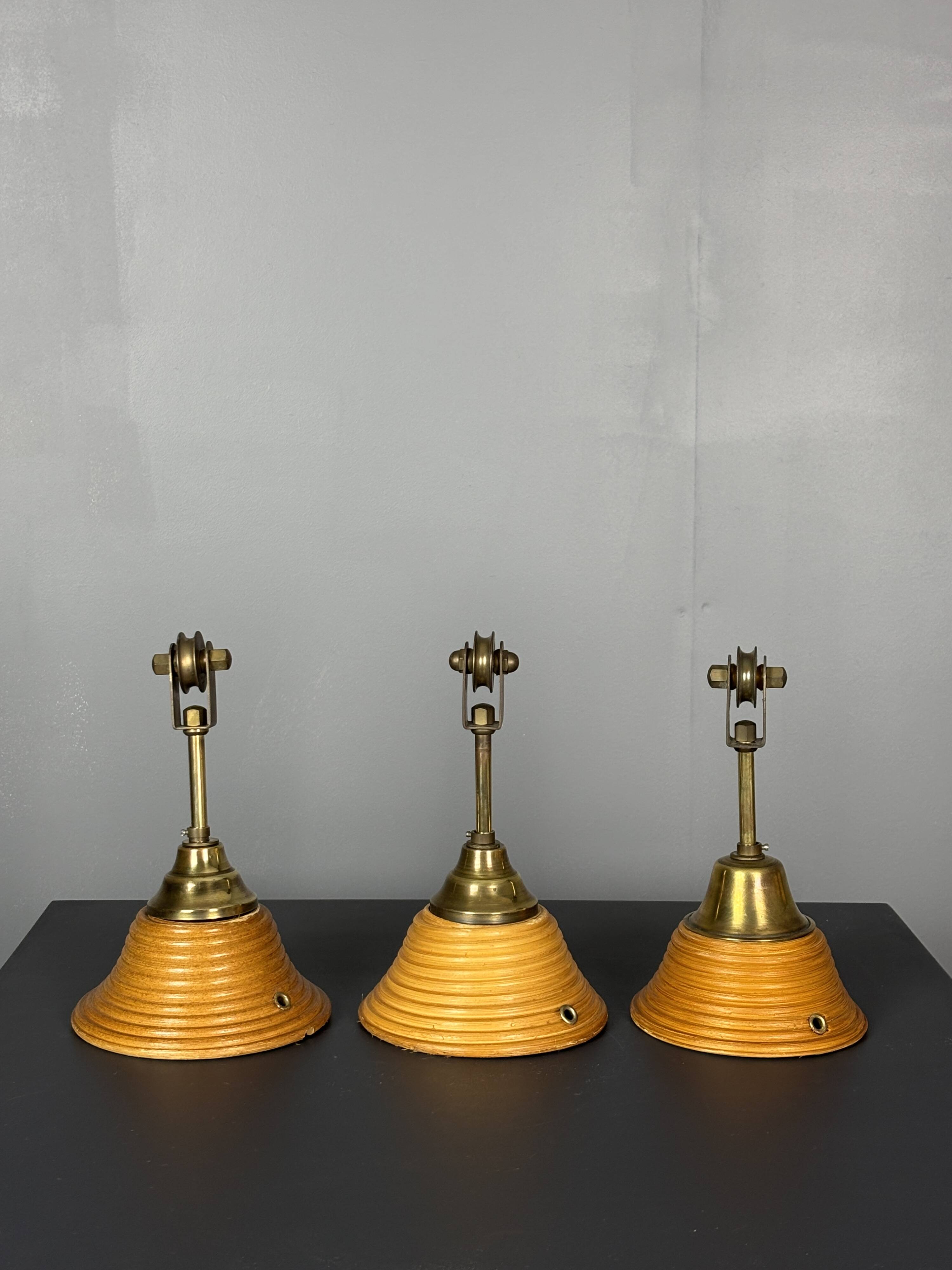 Set of 3 midcentury rattan bamboo pencil reed hanging pendants, Italy 1970s