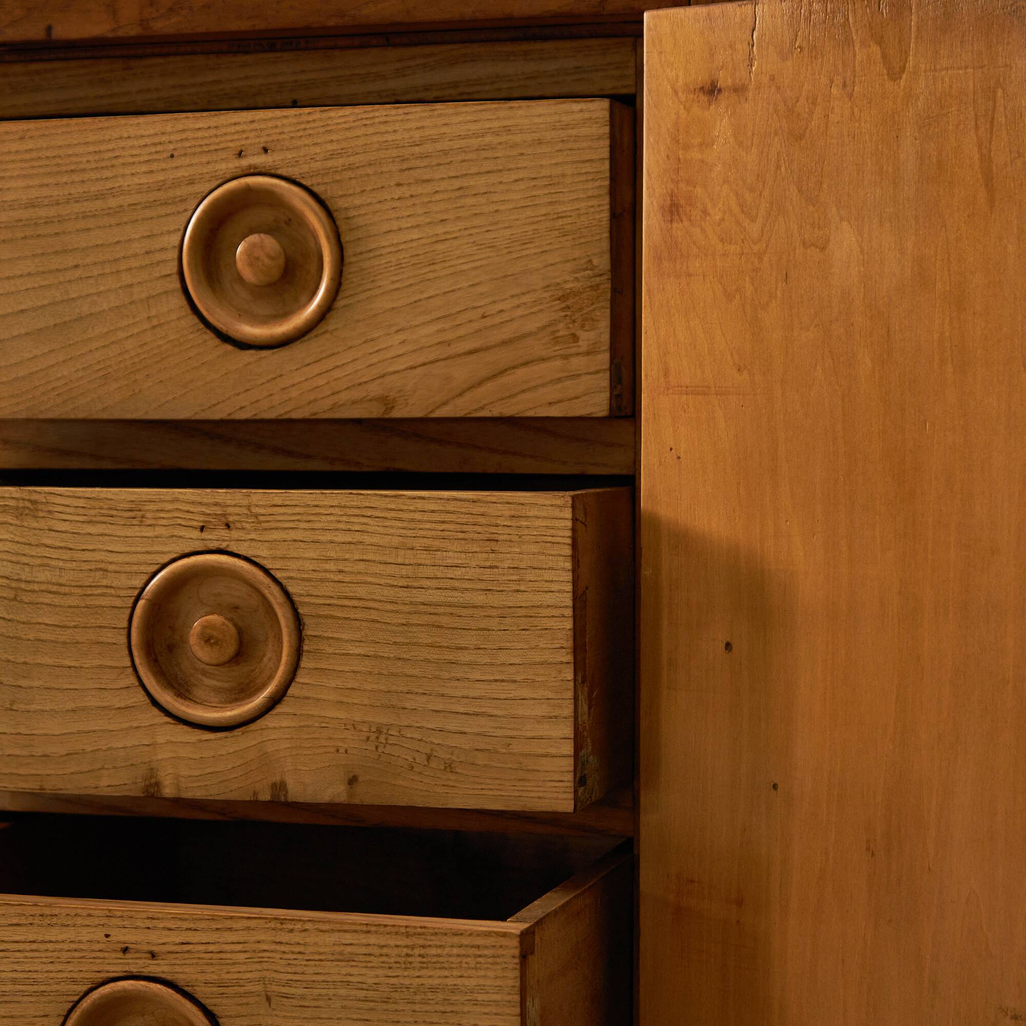 1950's Oakwood Display Cabinet with Sliding Glass Panels