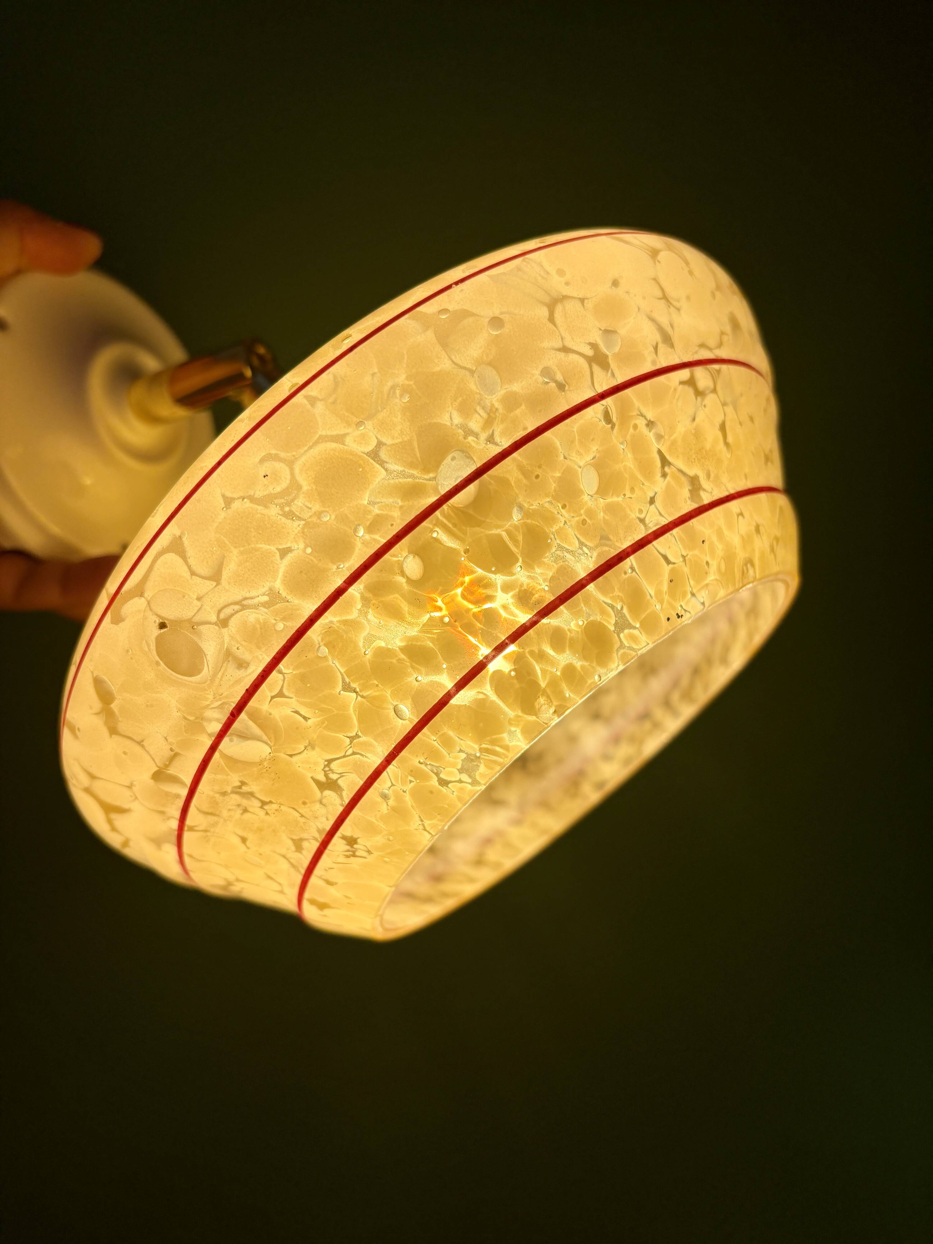 Vintage wall lamp with yellow clichy glass shade and red trim