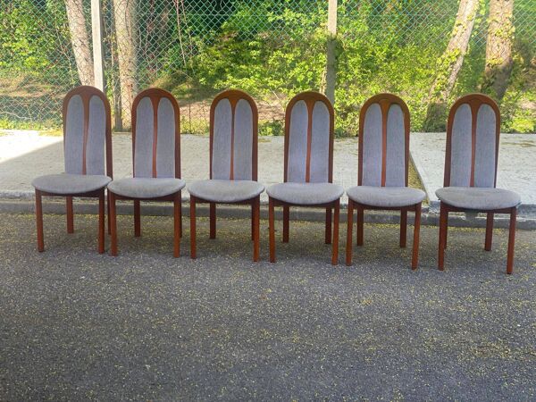 6 chaises à manger vintage merisier avec tissu en tweed style MCM 1970