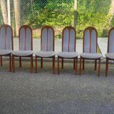 6 vintage cherry wood dining chairs with tweed fabric in MCM style 1970.