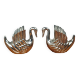 Pair of Silver Metal Zoomorphic Swan Candle Holders, Vintage 70s