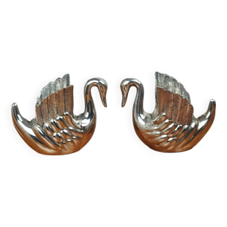 Paire de Bougeoirs Zoomorphe Cygne en Métal Argenté, Vintage années 70s