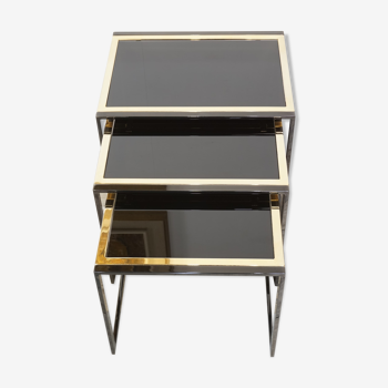 70s trundle side tables in black lacquered metal and gold plated