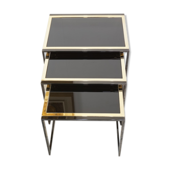 70s trundle side tables in black lacquered metal and gold plated