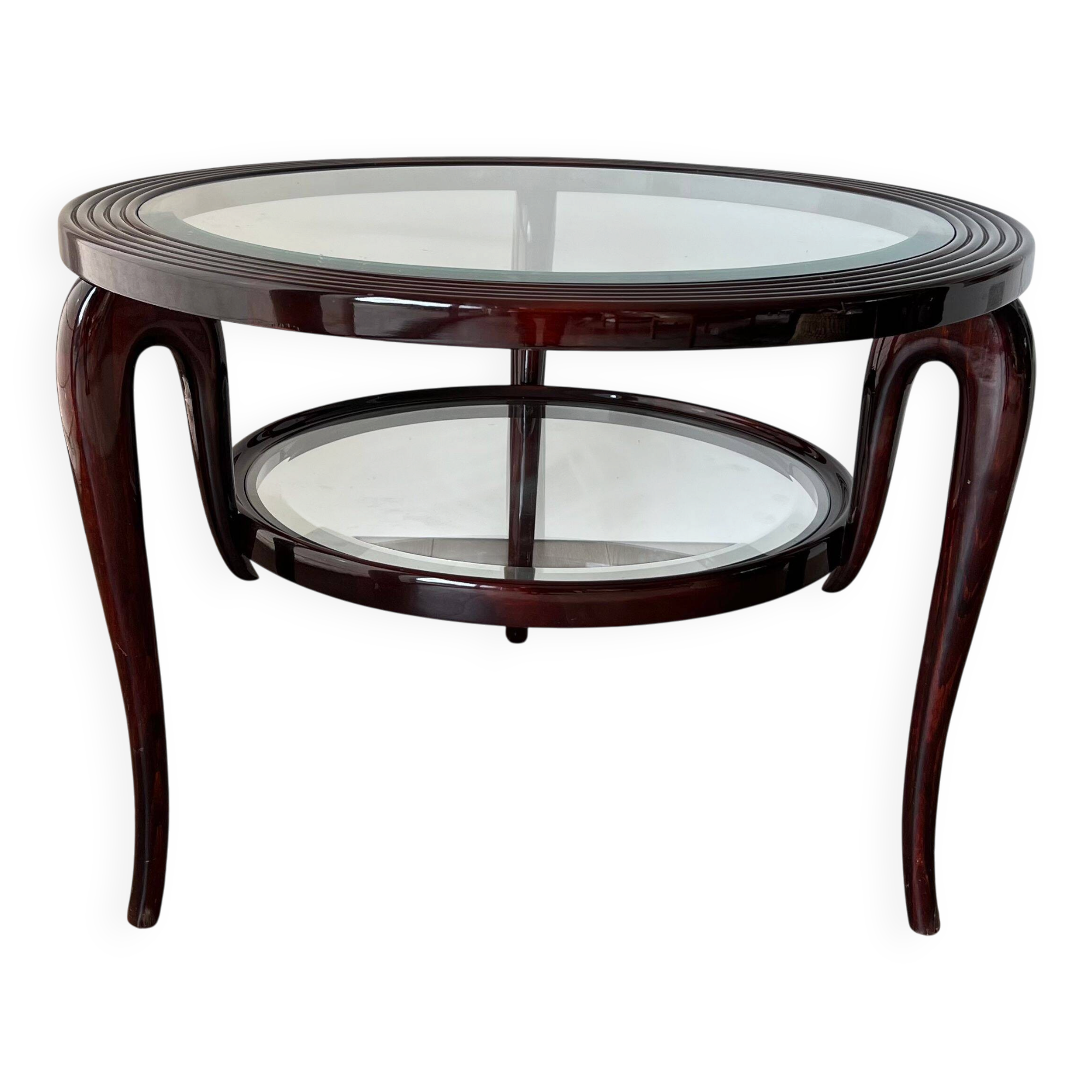 Round mid-century coffee table in walnut with a double top by Paolo Buffa.