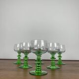 Set of 6 vintage wine glasses with emerald green stem