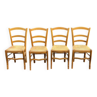 4 chaises de bistrot paillées en bois clair