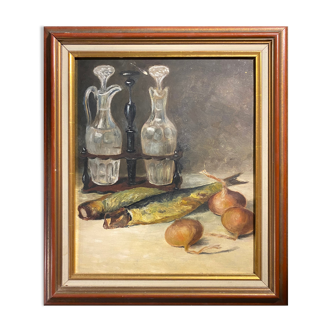 Painting HSP "Still life with onions and herring" M. Chennevoy around 1905 + frame