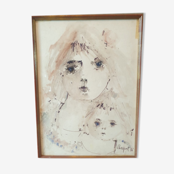 Aquarelle sur papier, "Portrait d'une mère et son enfant", Jean-Pierre Chaput (Né en 1935)