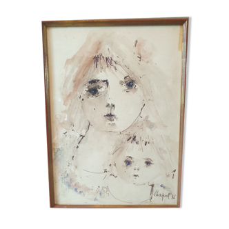 Aquarelle sur papier, "Portrait d'une mère et son enfant", Jean-Pierre Chaput (Né en 1935)