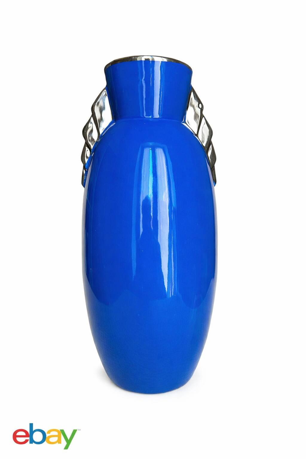 Belgian Art Deco blue vase with metallic lustre, stepped handles, 1930s