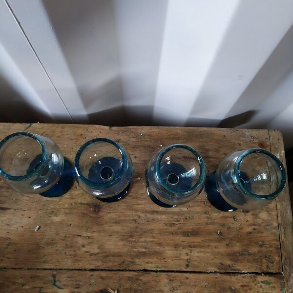 blue collar and foot glass turquoise in thick glass Lot of 4 Brocanteespritdantan