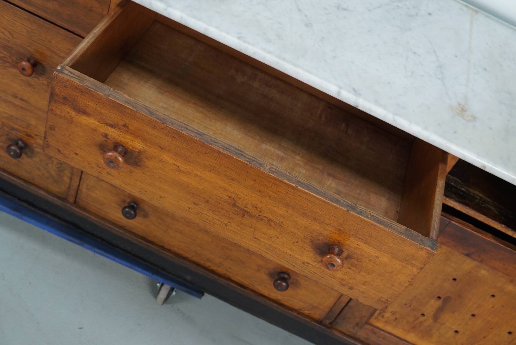 Large Antique Art Deco German Oak & Marble Chocolate Shop Counter, 1920s