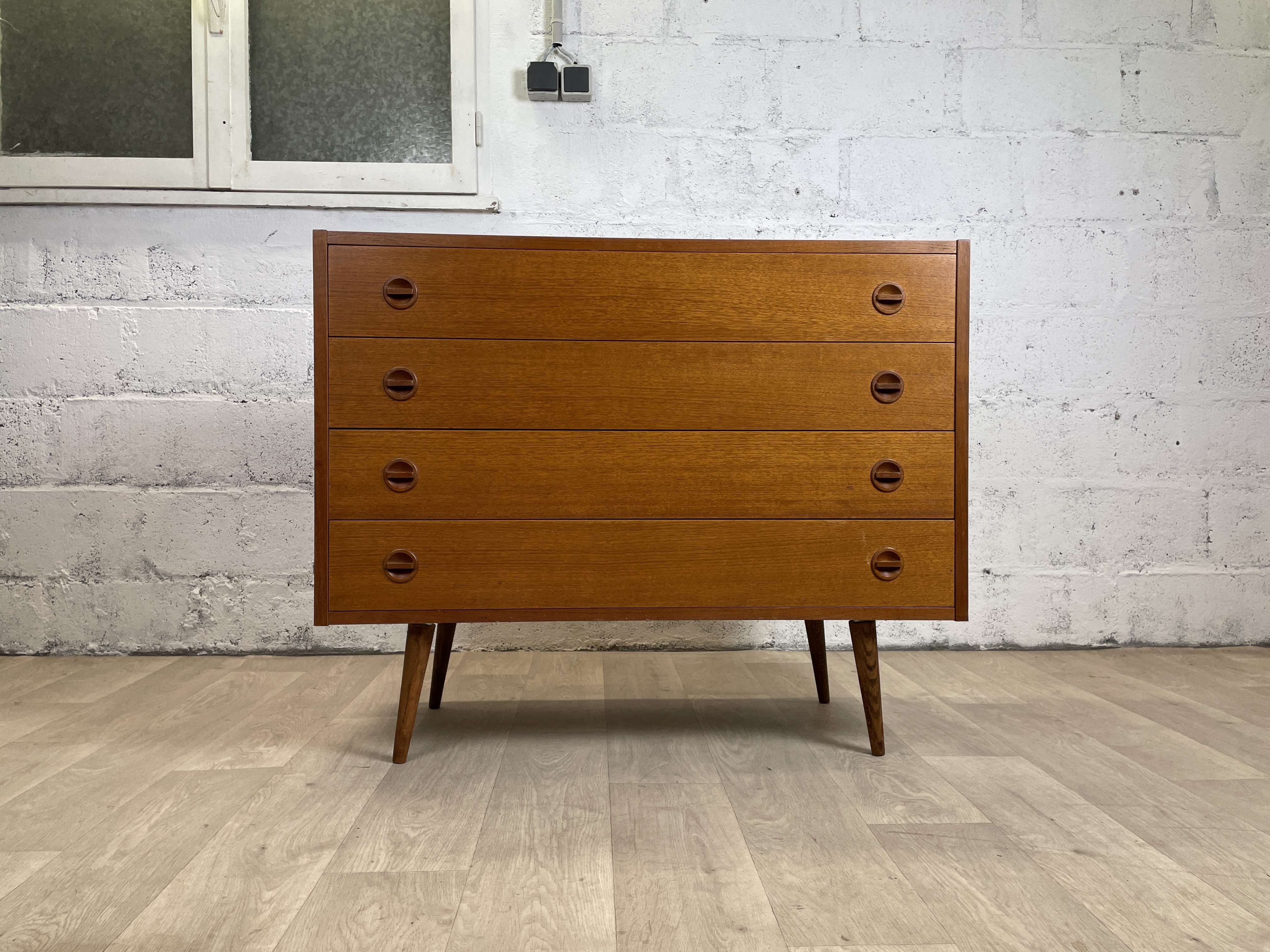 Wide chest of drawers 4 drawers scandinavian vintage teak, 60s