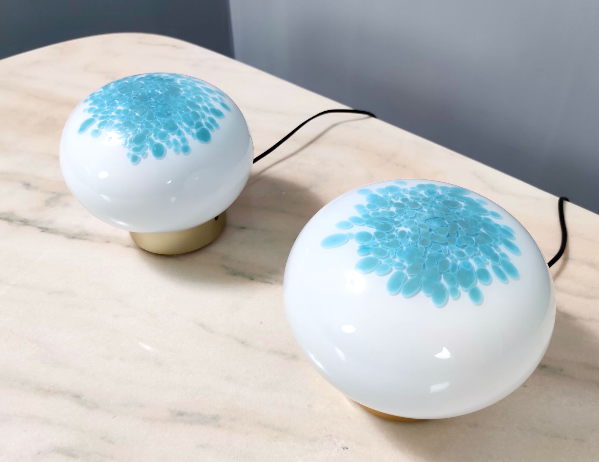 Pair of Postmodern White and Light Blue Murano Glass Table Lamps, Italy