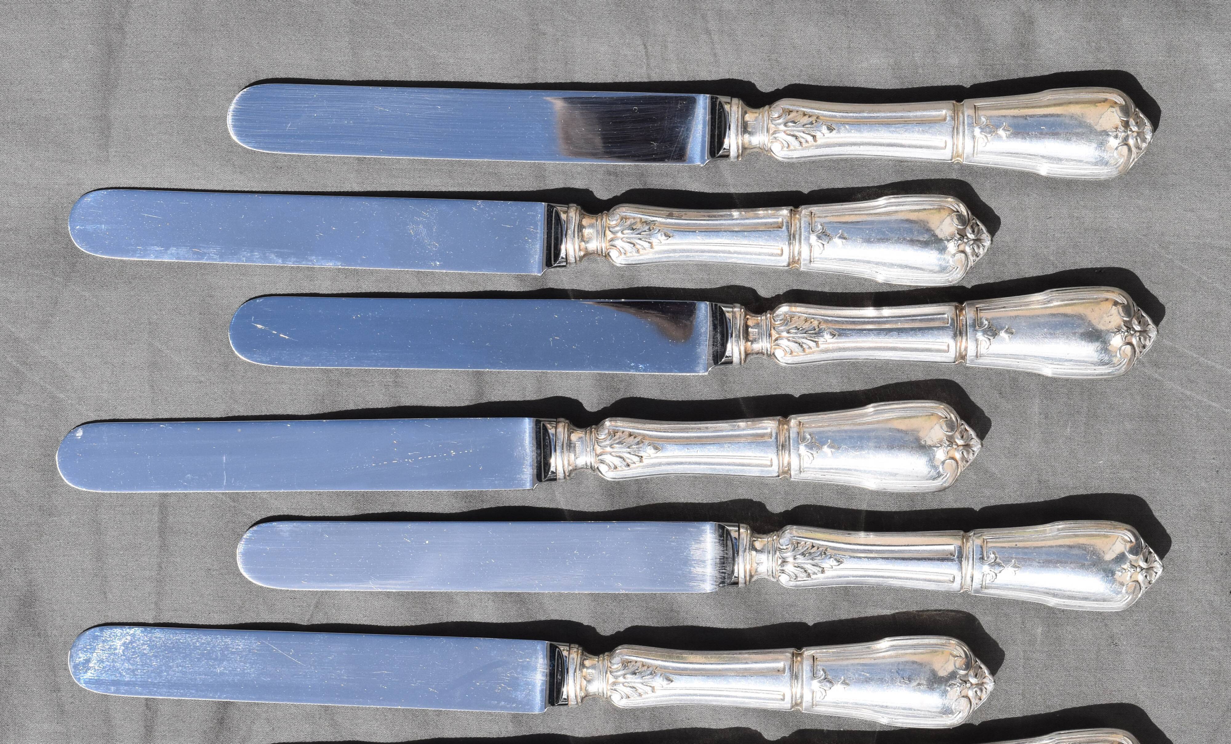 12 table knives in silver metal decor rocaille louis xv