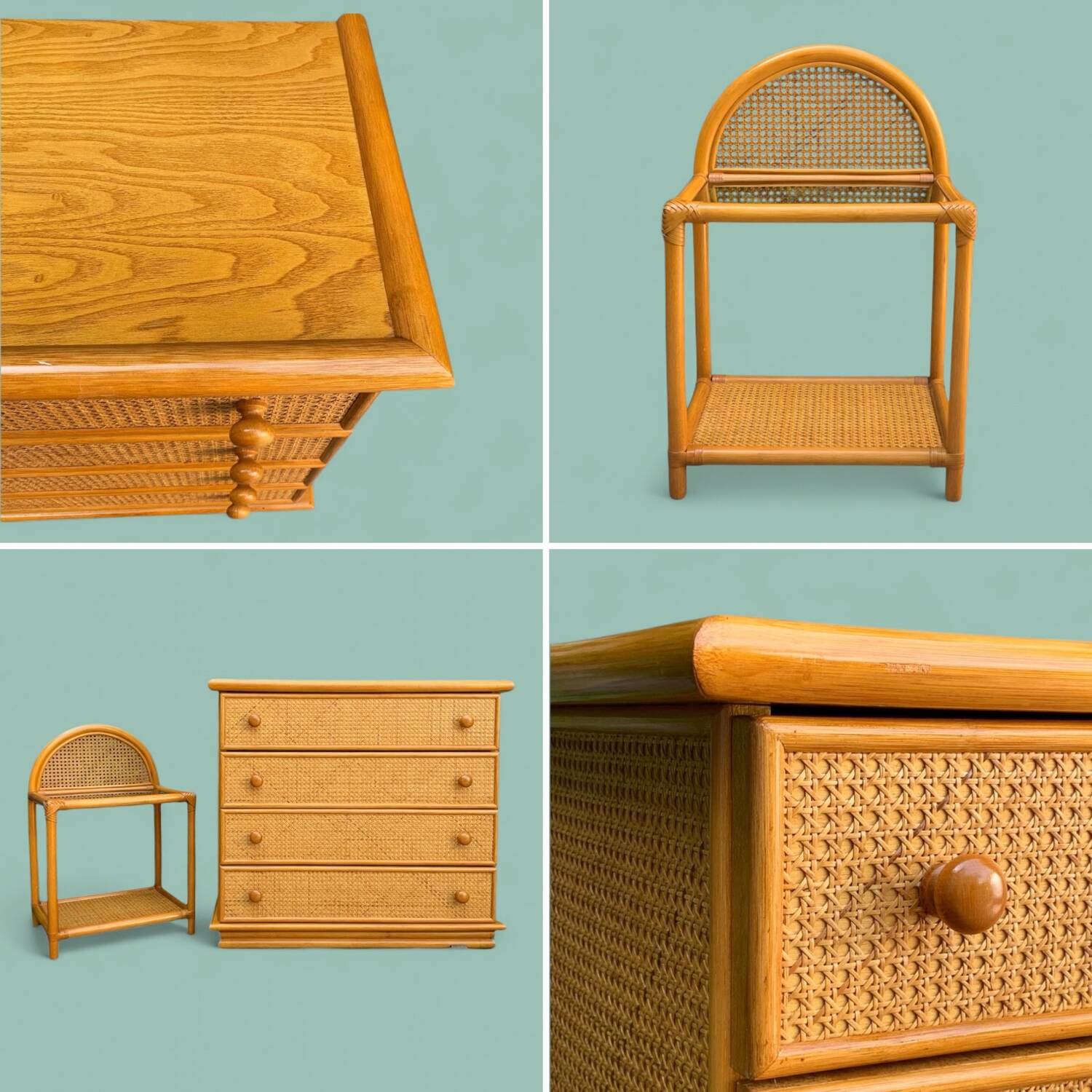 Chest of drawers and bedside table in rattan cane and oak, vintage 1970s