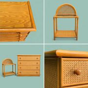 Dresser and its bedside table in rattan caning and vintage oak from the 1970s.