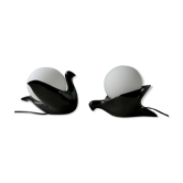 Paire de lampes oiseaux en céramique et opaline