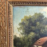 Barbizon School 19th century - Oil on panel - Washerwoman mill landscape - 1870