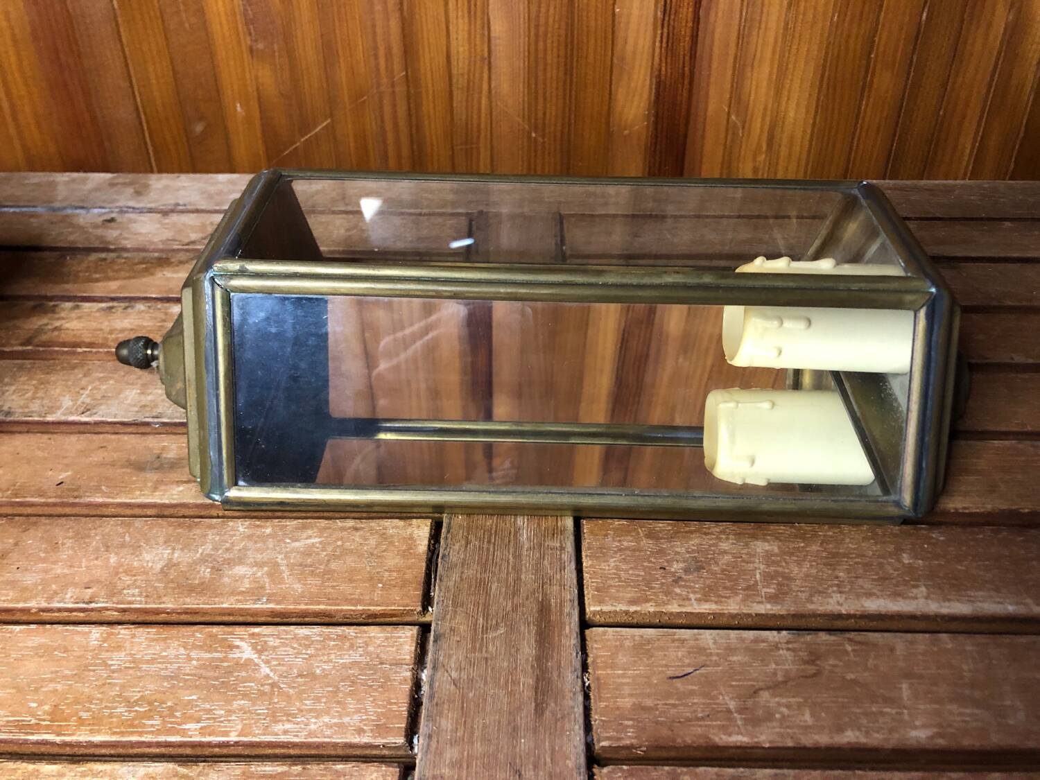 Old Brass Lantern Wall Lamp with Mirrored Background + Vintage Glass Plates