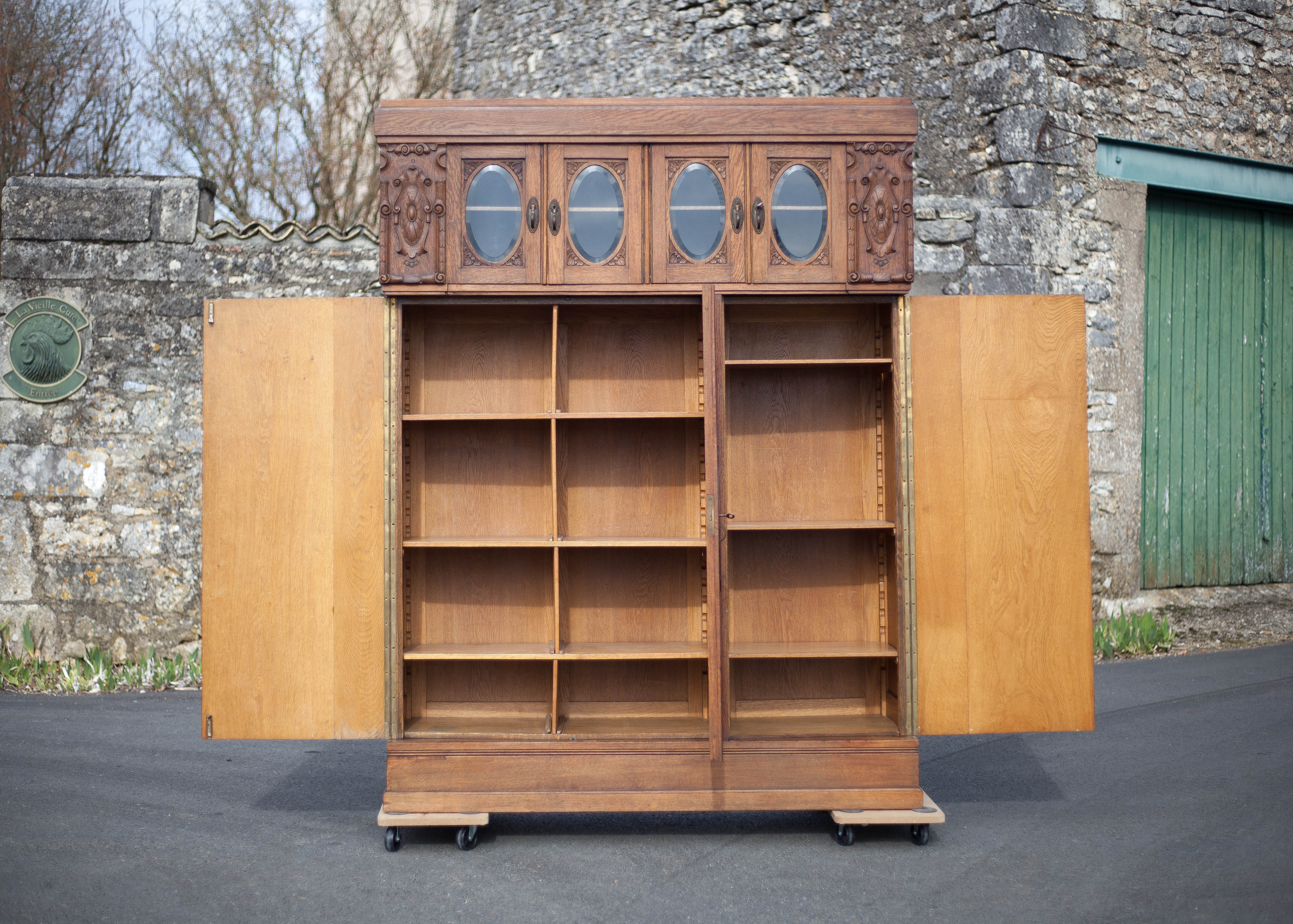 Bookcase carved wood 3 old doors, bookcase window beveled