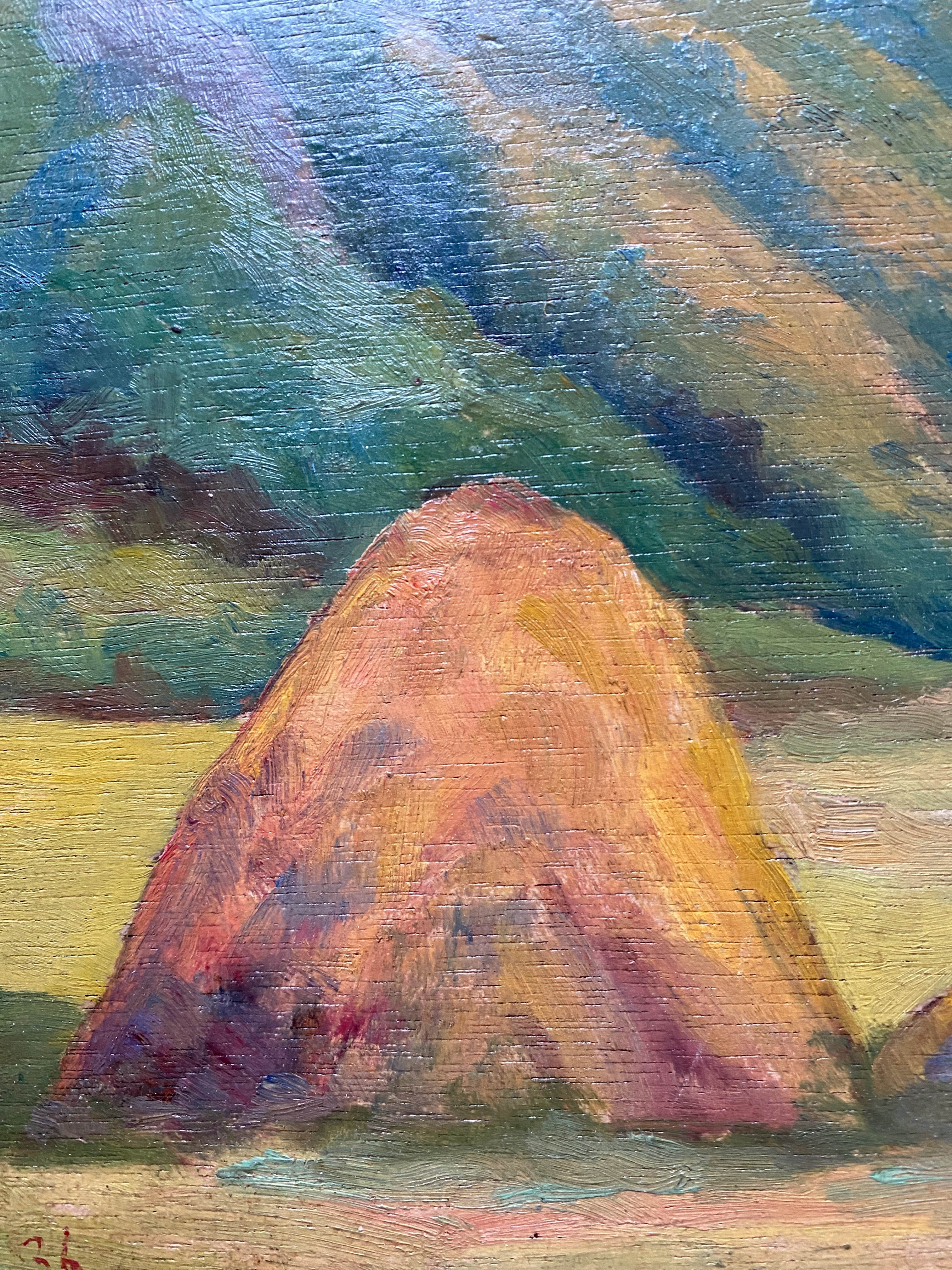 Oil painting on wood panel dated 1936