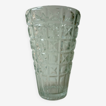 Transparent glass vase with art deco geometric patterns