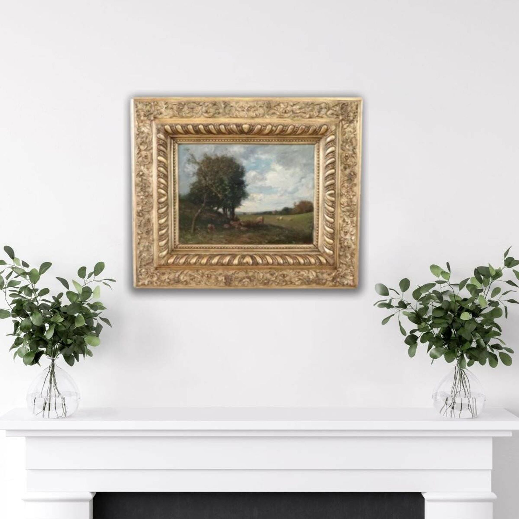 Oil Painting On Panel, Landscape With A Flock Of Sheep, Signed V. Bussolino, Italy, 19th Century